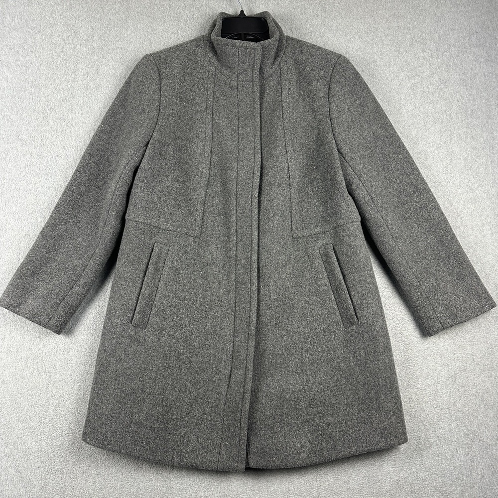 Talbots Wool Coat Womens 12P Petite Gray Zip Front Tweed Mid Length Lined Career